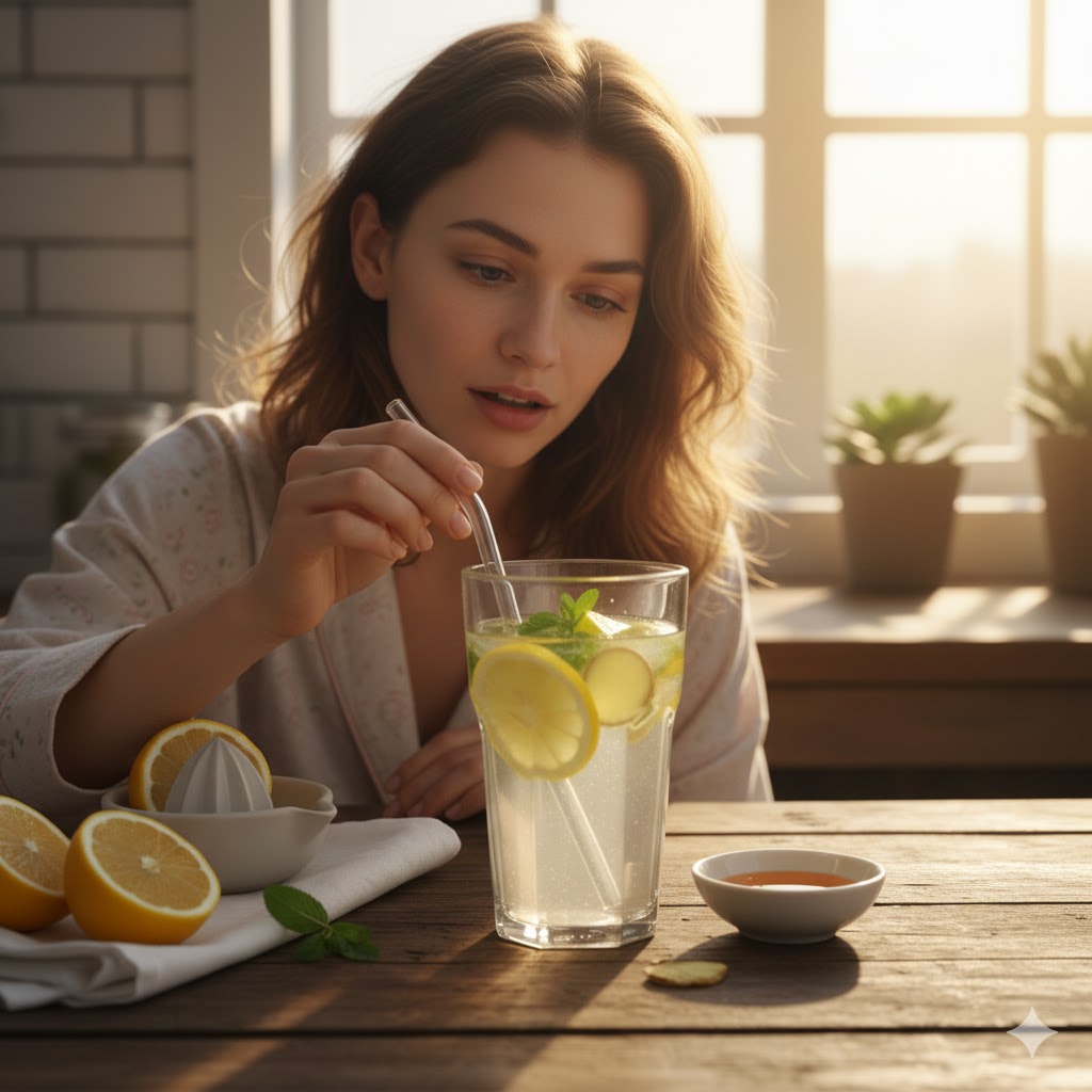 Sabahları limonlu su dolu bardak, içinde cam pipet ve taze limon dilimleri, güneş ışığı alan mutfak masasında.