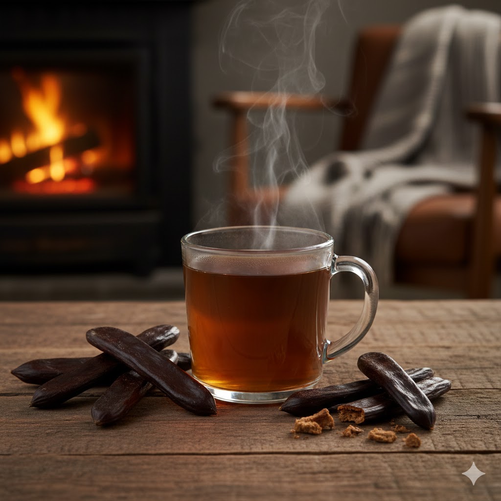 Ahşap masada buharı tüten cam kupa içinde keçiboynuzu çayı ve yanında bütün keçiboynuzu meyveleri.