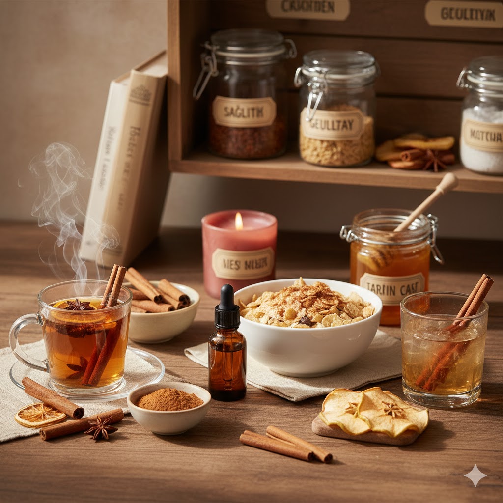 Tarçın en etkili nasıl kullanılır sorusuna yanıt veren; çubuk tarçın, toz tarçın ve tarçın çayının bir arada olduğu şifalı bir sunum.