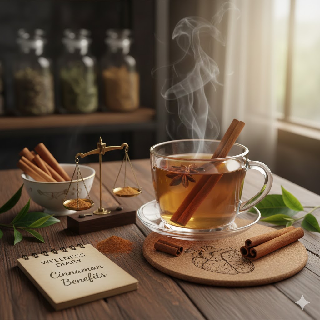 Bir kasede çubuk tarçınlar, tarçın tozu ve yanında tarçın neye iyi gelir tarçının sağlık faydalarını simgeleyen bitki çayı ile doğal malzemeler.