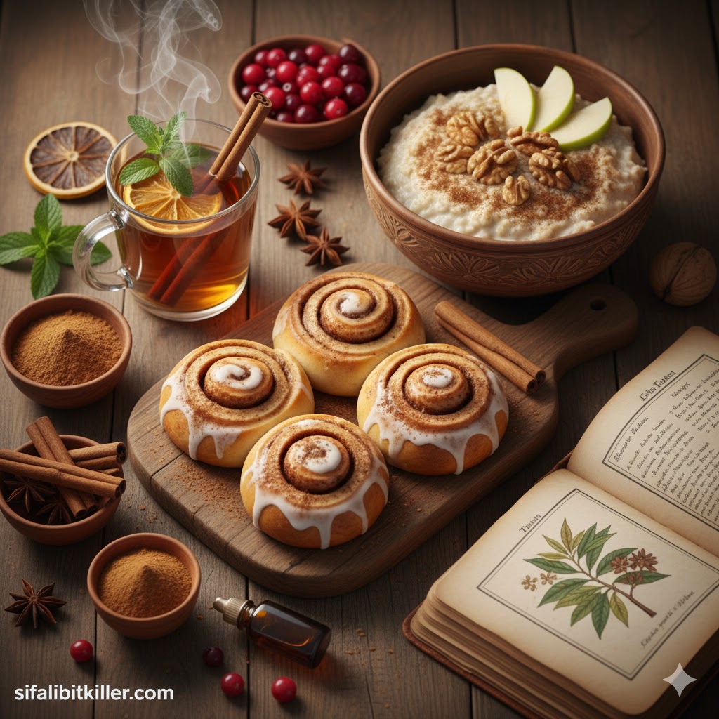Şık bir mutfak tezgahı üzerinde sunulan tarçınlı yiyecek ve içecek tarifleri; çubuk tarçınlı bitki çayı, taze fırınlanmış tarçınlı çörekler ve estetik baharat sunumu.