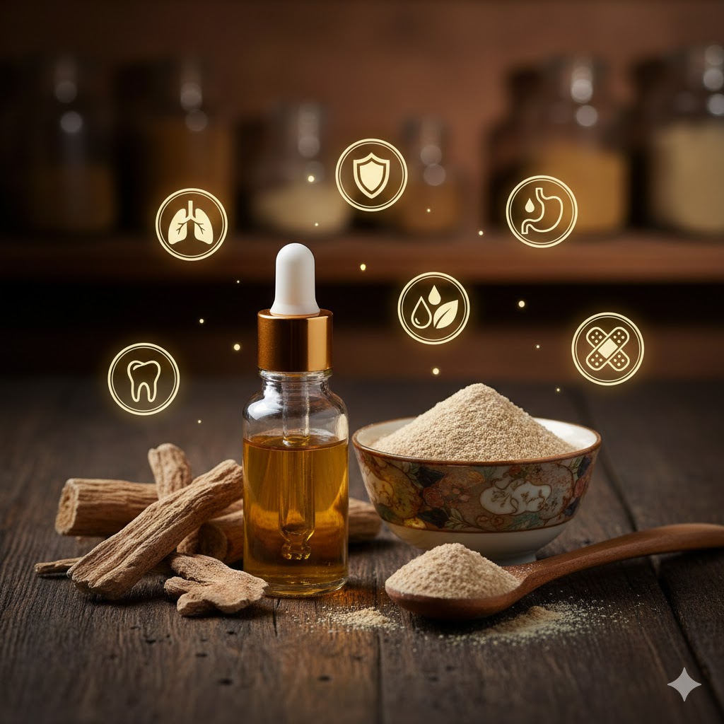 Şık bir cam şişede udi hindi yağı, yanında kasede udi hindi tozu ve odunsu parçaları; udi hindi faydaları ve kullanımı üzerine doğal bir kompozisyon.