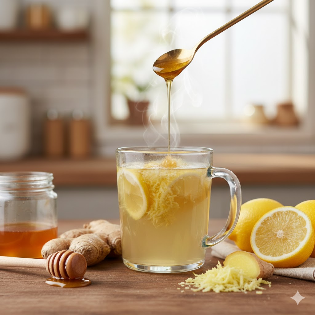 Taze zencefil kökü, dilimlenmiş limonlar ve bir kase dolusu süzme balın bir arada bulunduğu zencefil bal ve limon karışımı şifalı içerik görseli