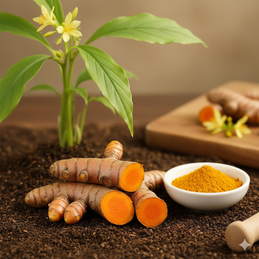 zerdeçalın faydaları için canlı sarı bir zerdeçal tozu fotoğrafı