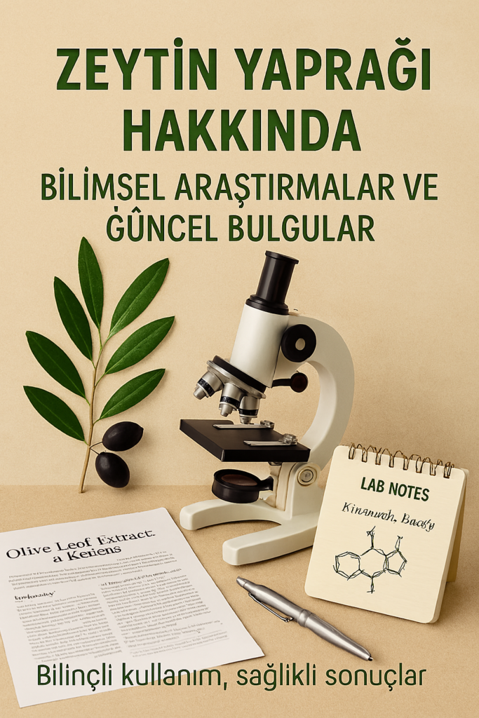 Zeytin yaprağı bilimsel araştırmalar temalı görsel: mikroskop, zeytin dalı, bilimsel makale ve laboratuvar notları içeren akademik sahne.