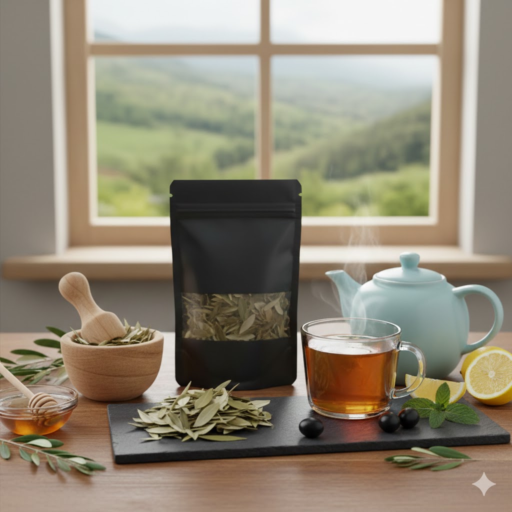 Ahşap masada porselen demlik, kurutulmuş zeytin yaprakları ve limonlu fincan ile zeytin yaprağı çayı sunumu.