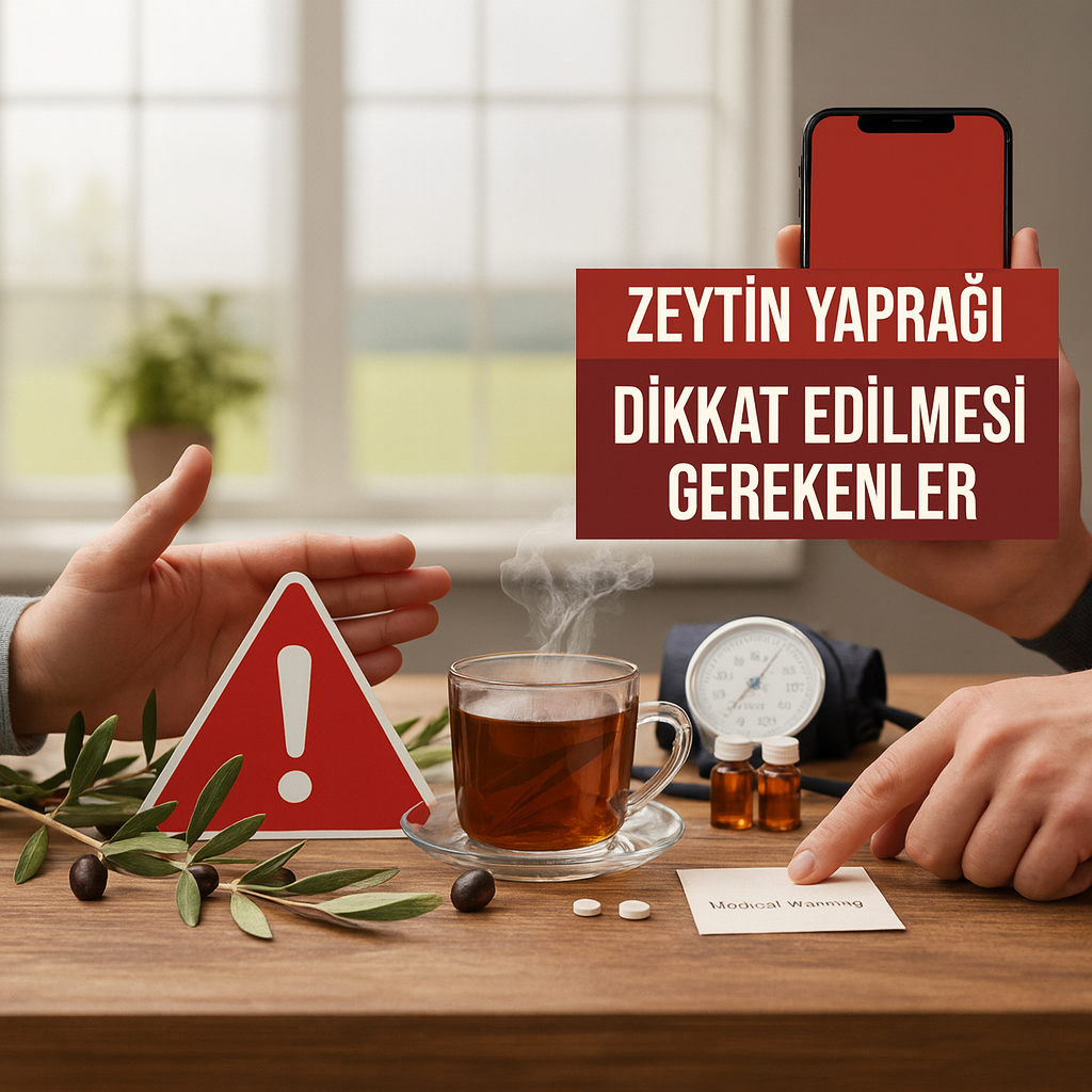 Zeytin yaprağı yan etkileri temalı görsel: zeytin yaprağı çayı, tansiyon aleti, ilaçlar ve uyarı mesajı içeren sağlık odaklı sahne.