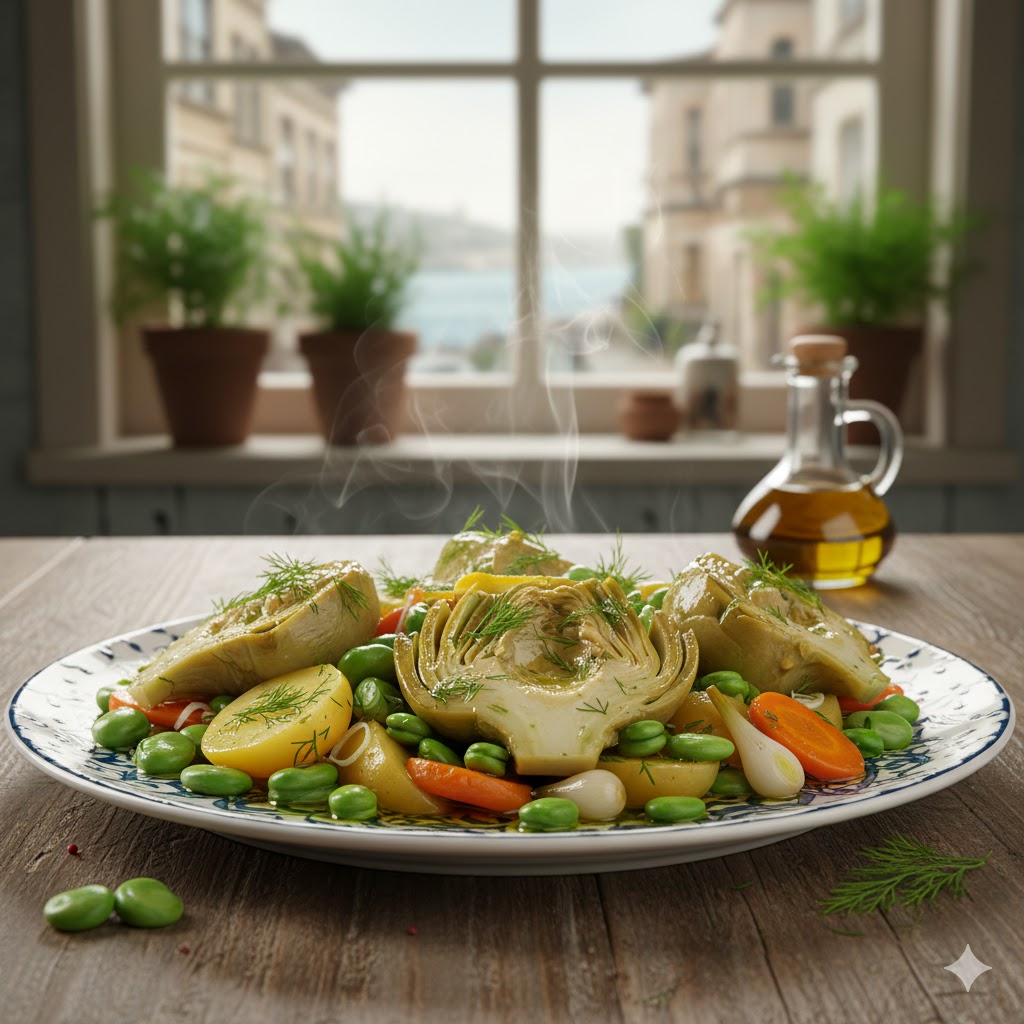 İstanbul usulü hazırlanmış, üzerine taze iç bakla ve bol dereotu eklenmiş şık bir zeytinyağlı enginar tarifi sunum tabağı.