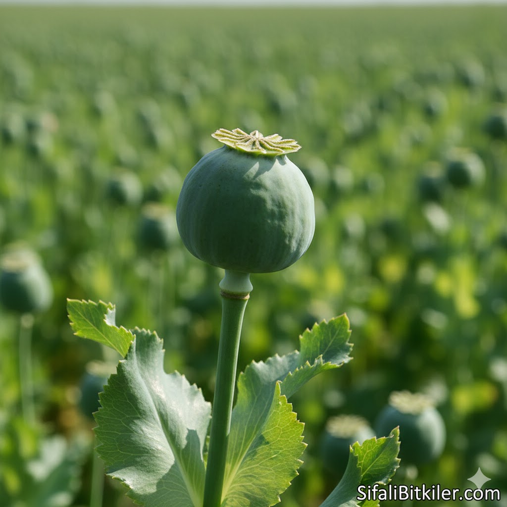 Afyon otu faydaları için kullanılan şifalı haşhaş kozası ve tohumlarının yakından görünümü.