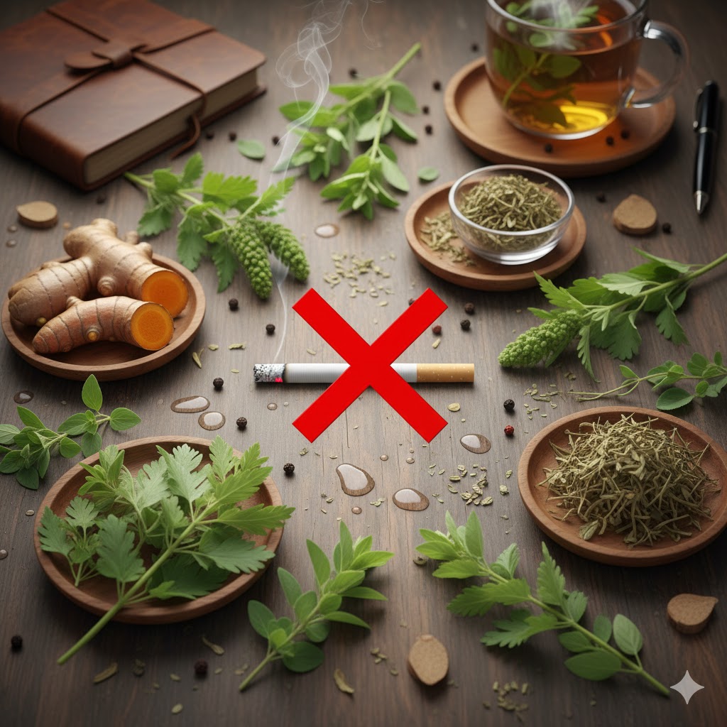 Ahşap masa üzerinde sergilenen akciğerleri temizleyen şifalı bitkiler ve üzerinde kırmızı çarpı işareti bulunan bir sigara