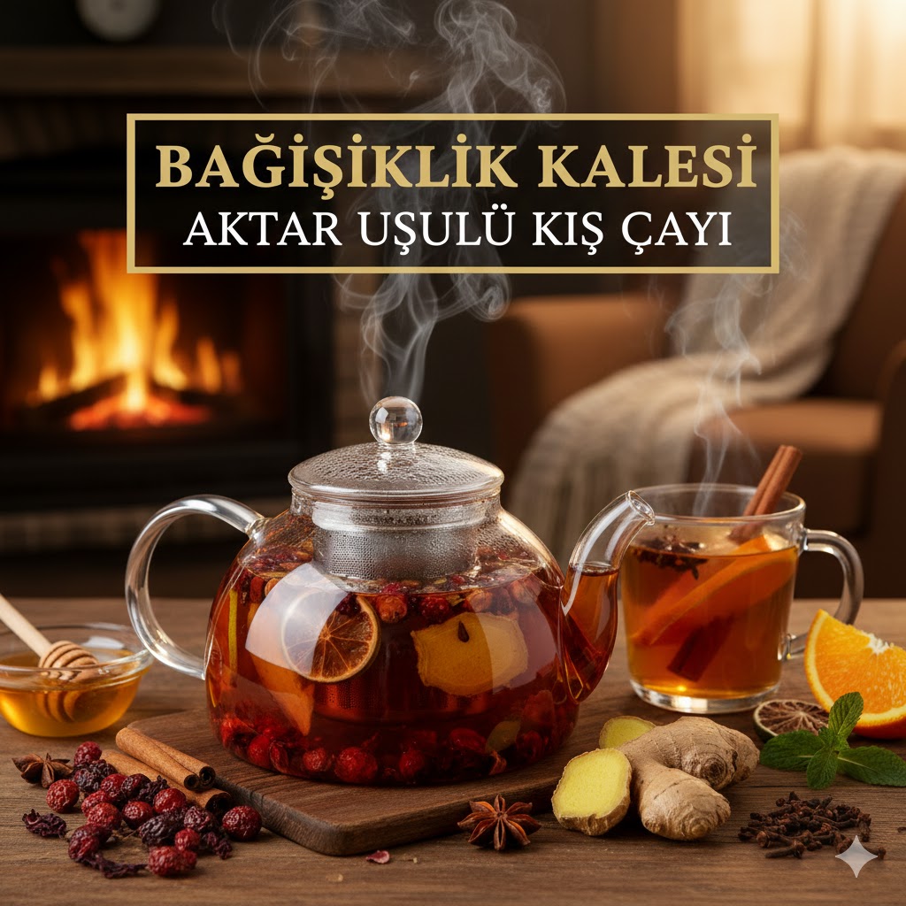 Cam fincanda dumanı üstünde tüten şifalı aktar usulü kış çayı ve yanında çubuk tarçın, zencefil, kuşburnu bitkileri.