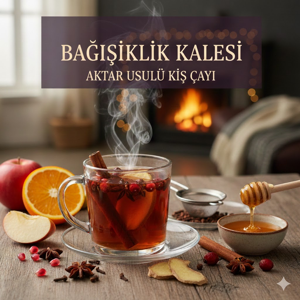 Cam fincanda dumanı üstünde tüten şifalı aktar usulü kış çayı ve yanında çubuk tarçın, zencefil, kuşburnu bitkileri.