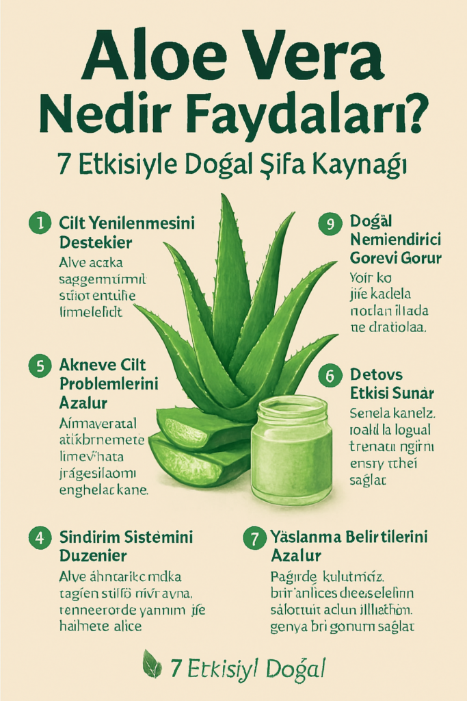 “Aloe vera nedir faydaları” konusunu anlatan infografik: aloe vera bitkisi ve 7 etkisi görsel olarak sunuluyor.