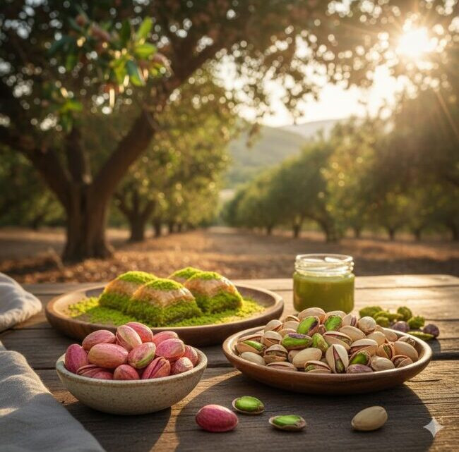 Antep fıstığının faydalarını temsil eden; ağaçtan yeni toplanmış taze kırmızı kabuklu Antep fıstığı, içi açılmış yeşil fıstık içi ve bir kase tuzsuz çiğ fıstık.