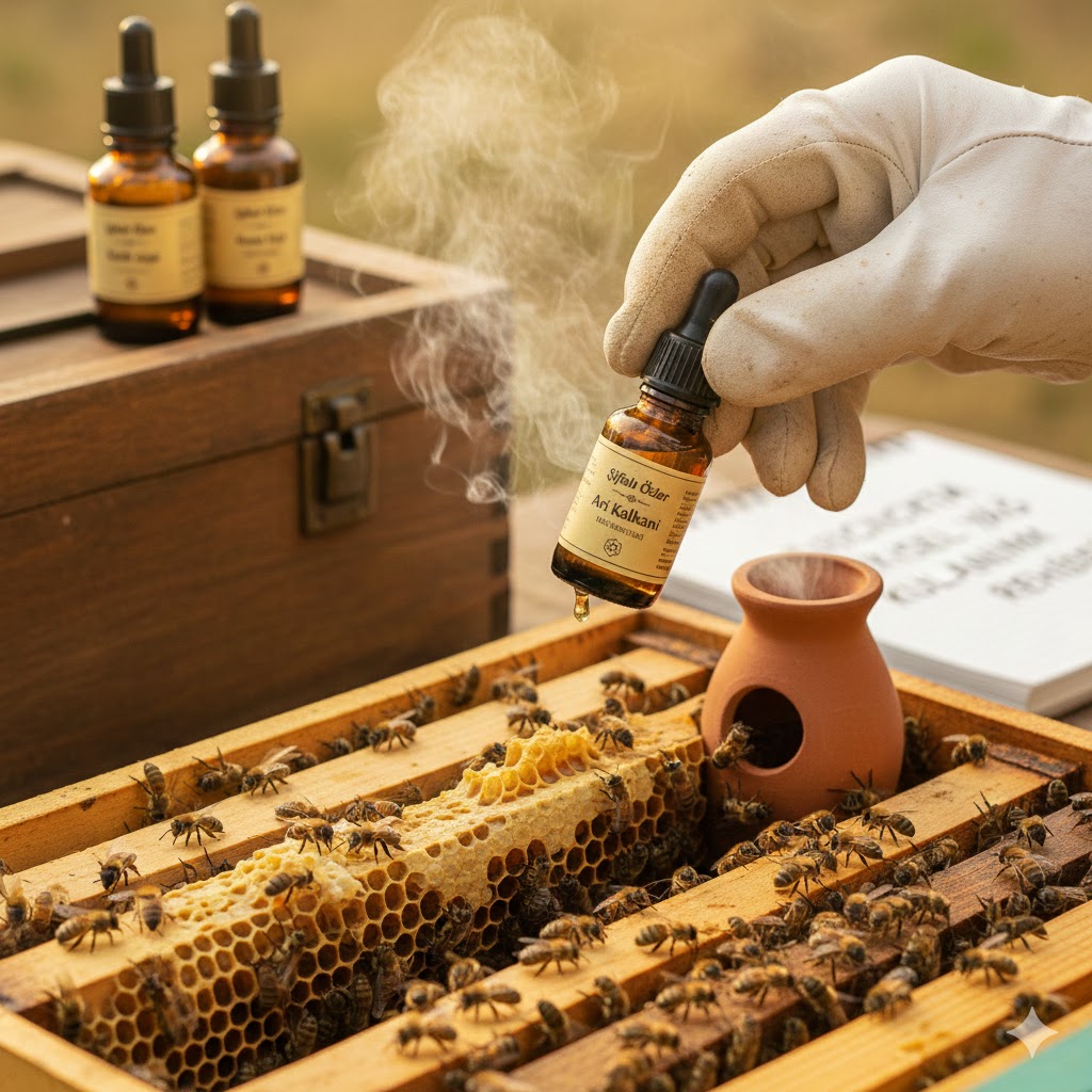 Arıcılıkta bitkisel yağ kullanımı için kovan içinde damlalıklı şişe ile doğal uygulama yapan arıcı görseli.