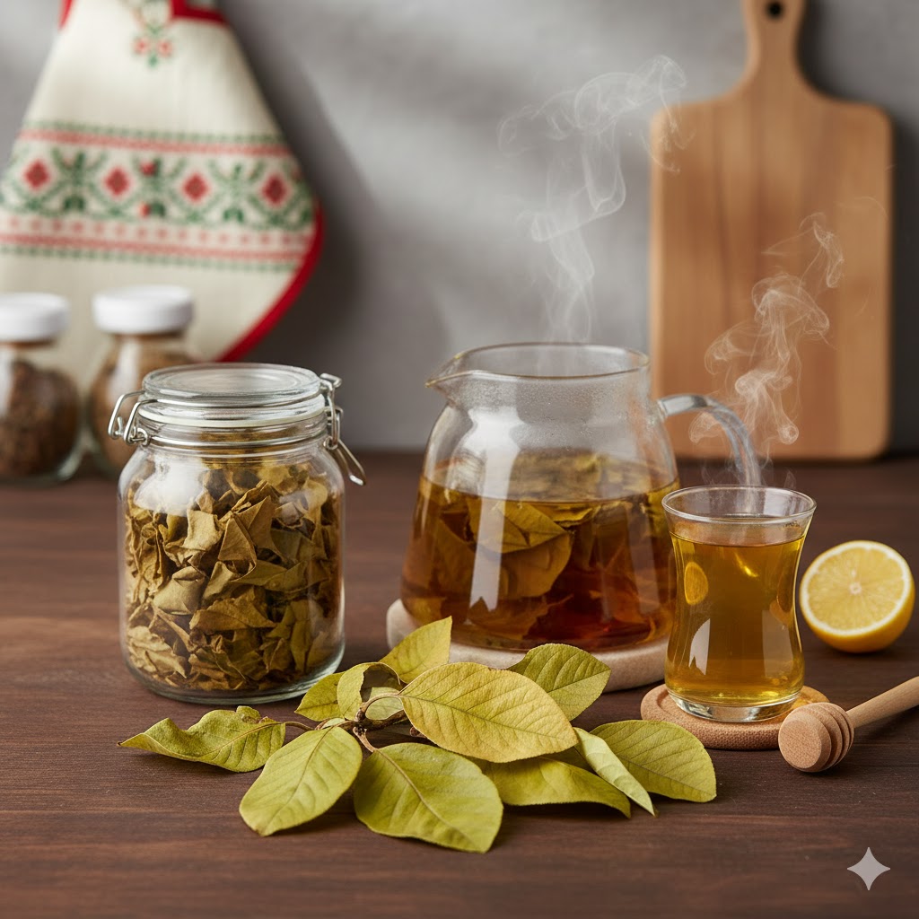 Ayva yaprağı neye iyi gelir sorusuna yanıt veren şifalı kurutulmuş yapraklar ve demlenmiş sıcak çay görseli.
