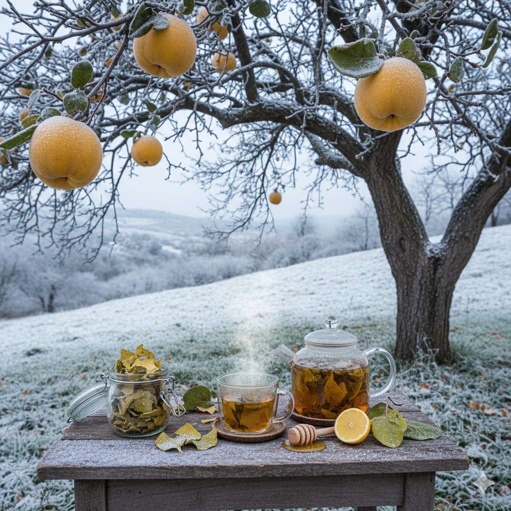 Ayva yaprağı neye iyi gelir sorusuna yanıt veren şifalı kurutulmuş yapraklar ve demlenmiş sıcak çay görseli.