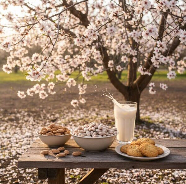 Badem neye iyi gelir sorusunu yanıtlayan taze bademler, bir bardak ev yapımı badem sütü ve cilt bakımı için kullanılan badem yağı görseli.