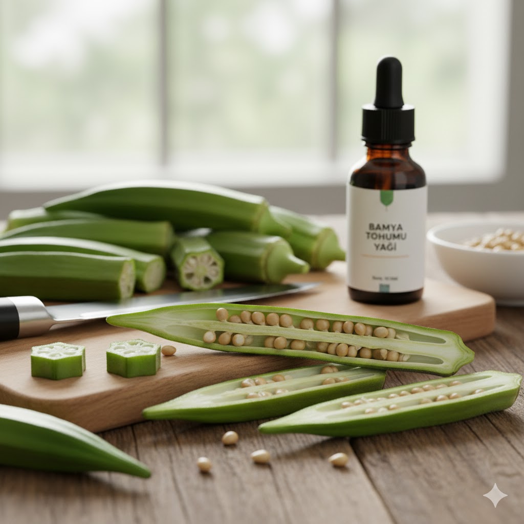 Diz ağrıları ve eklem şifası için kullanılan bamya tohumu, şifalı bitki çayı ve taze bamyalarla hazırlanmış estetik kompozisyon.