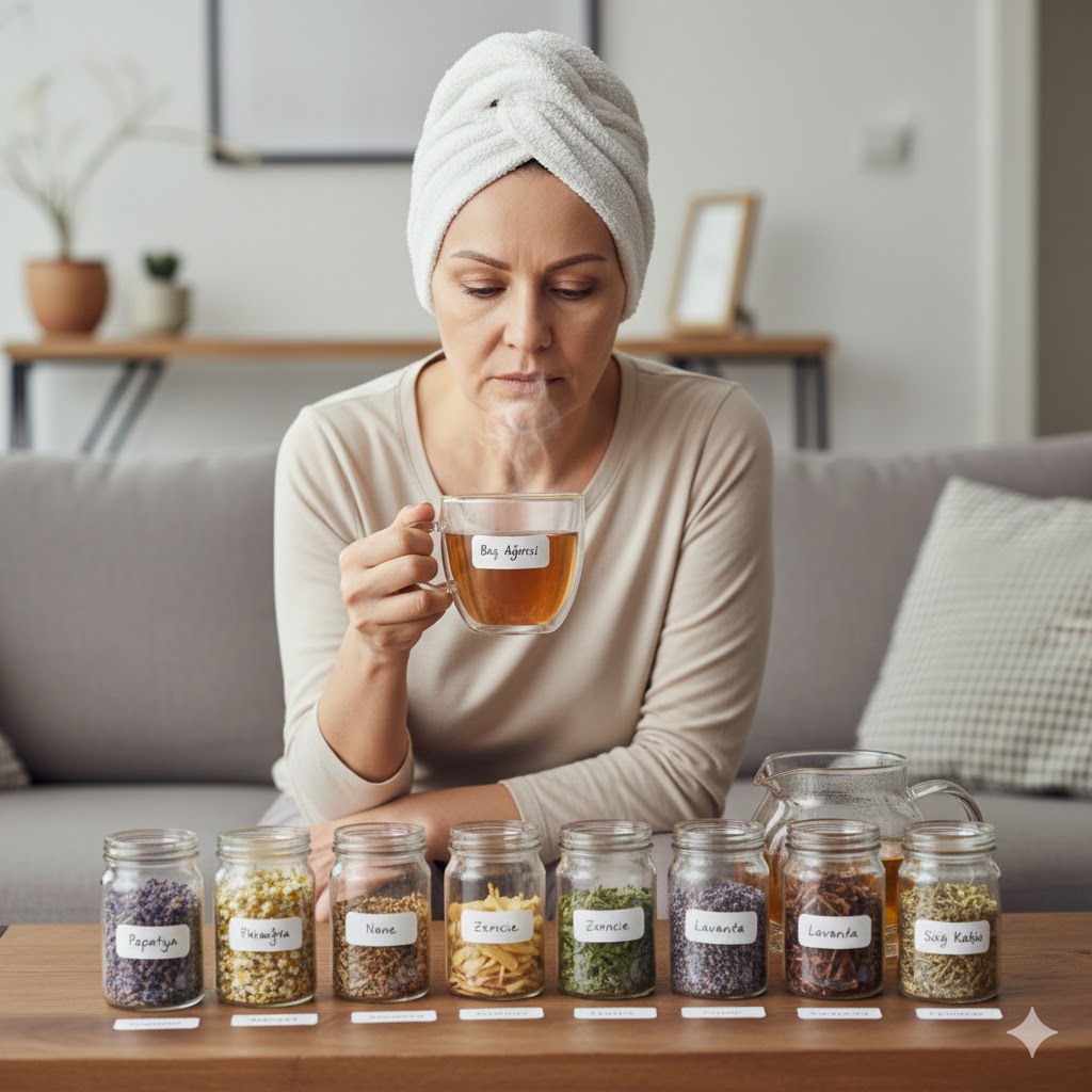 Baş ağrısına iyi gelen bitki çaylarını inceleyen ve taze demlenmiş çayı