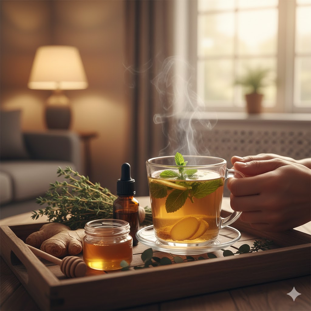 Burun tıkanıklığına iyi gelen nane, zencefil ve bal içerikli sıcak bitki çayı hazırlığı.