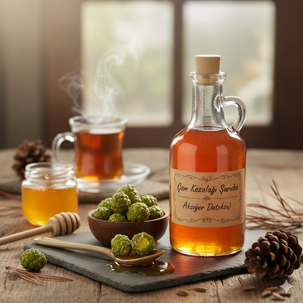 Öksürük krizlerine iyi gelen ballı ev yapımı çam kozalağı şurubu ve taze yeşil kozalaklar
