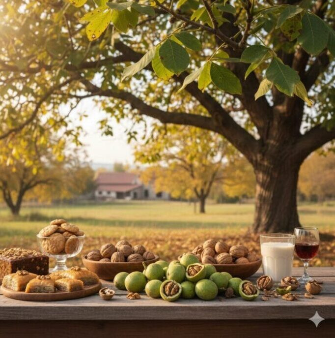 Ceviz neye iyi gelir sorusuna yanıt veren; içi açılmış beyin şeklindeki ceviz içi, bir kase taze ceviz ve yanında bir bardak ceviz suyu görseli.