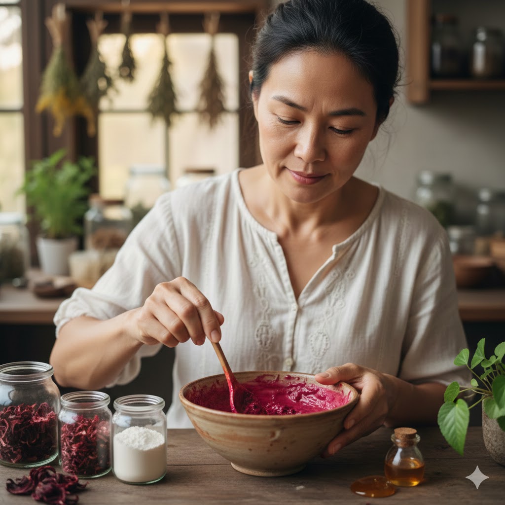 cildi sıkılaştıran tarifler hazırlayan bir kadın, hibiskus ve doğal bitki özlü yüz gerdirme maskesi yapımı.