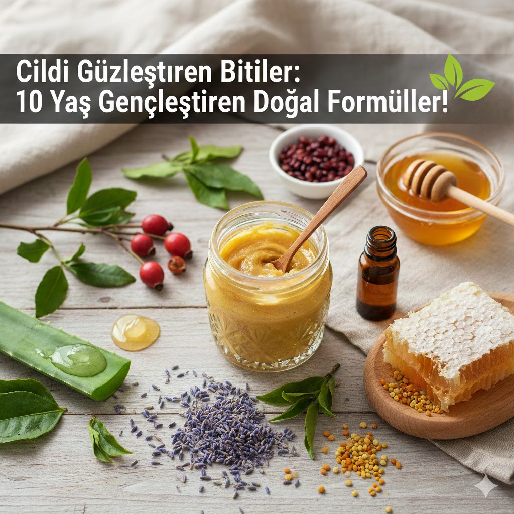 Cilt güzelleştiren bitkiler, arı sütü ve taze bal ile hazırlanan yaşlanma karşıtı maske bileşenleri.