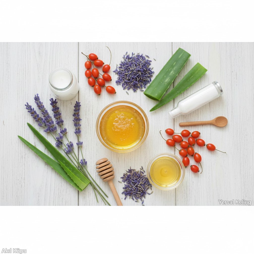 Cilt güzelleştiren bitkiler, arı sütü ve taze bal ile hazırlanan yaşlanma karşıtı maske bileşenleri.