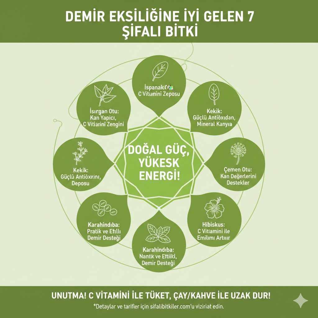 Demir eksikliğine iyi gelen 7 şifalı bitki infografiği: Isırgan otu, ıspanak, kekik, çemen otu, karahindiba, nane-maydanoz ve hibiskus kullanım rehberi