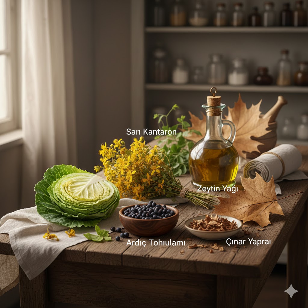 Masanın üzerinde yan yana dizilmiş, diz ve bacak sızılarını kesen lahana yaprağı, sarı kantaron buketi, ardıç tohumları, zeytinyağı şişesi ve kurutulmuş çınar yapraklarından oluşan doğal şifa kürü malzemeleri