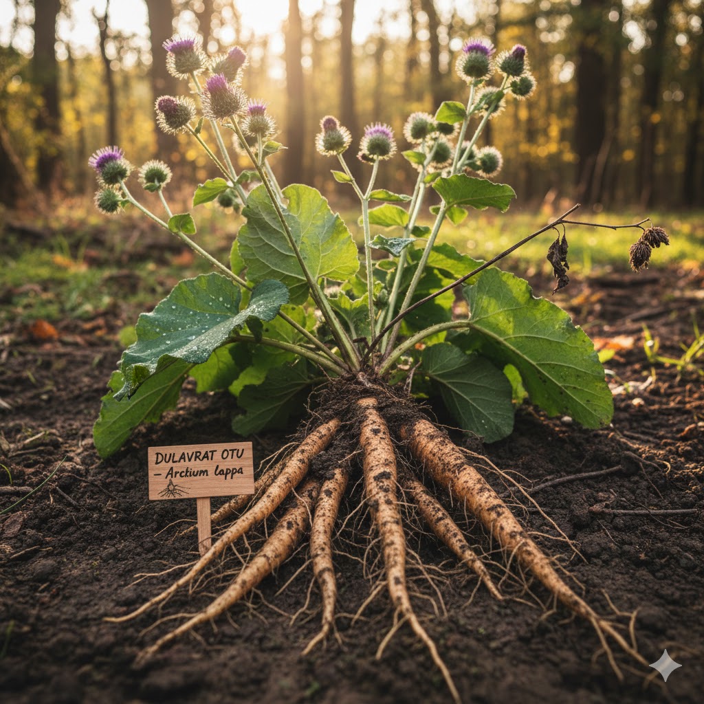Dulavrat otu neye iyi gelir sorusunun cevabı olan şifalı kökleri, geniş yaprakları ve mor çiçekleri bir arada gösteren doğal bitki görseli.