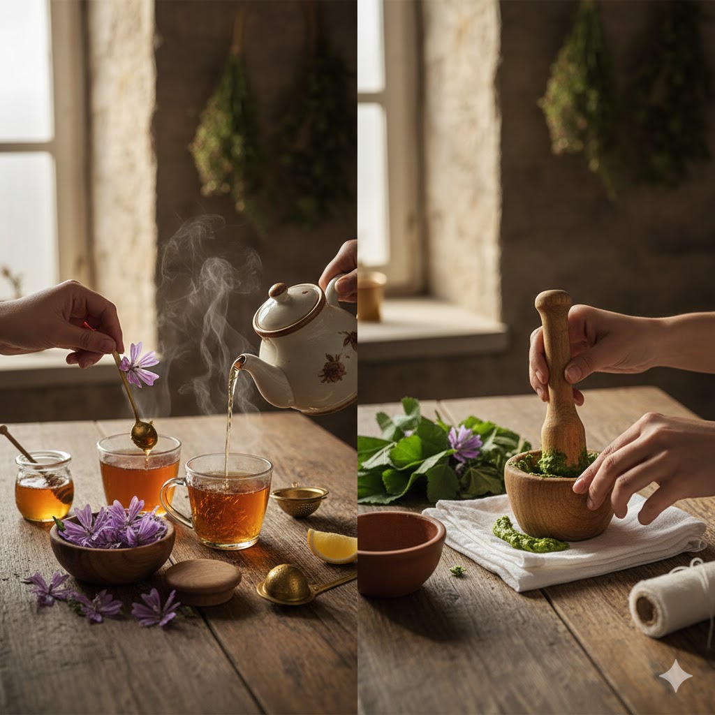 Ebegümeci neye iyi gelir sorusuna yanıt olan şifalı ebegümeci çayı demleme ve taze yapraklardan lapa hazırlama aşamaları.