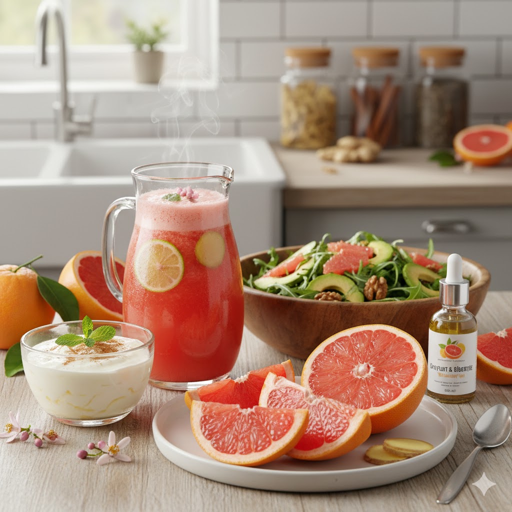 Mutfak ortamında hazırlanan, yağ yakımını hızlandıran greyfurt ile zayıflama kürleri, taze greyfurt dilimleri, zayıflatan detoks suları ve cam şişelerde sunulan bitkisel karışımlar