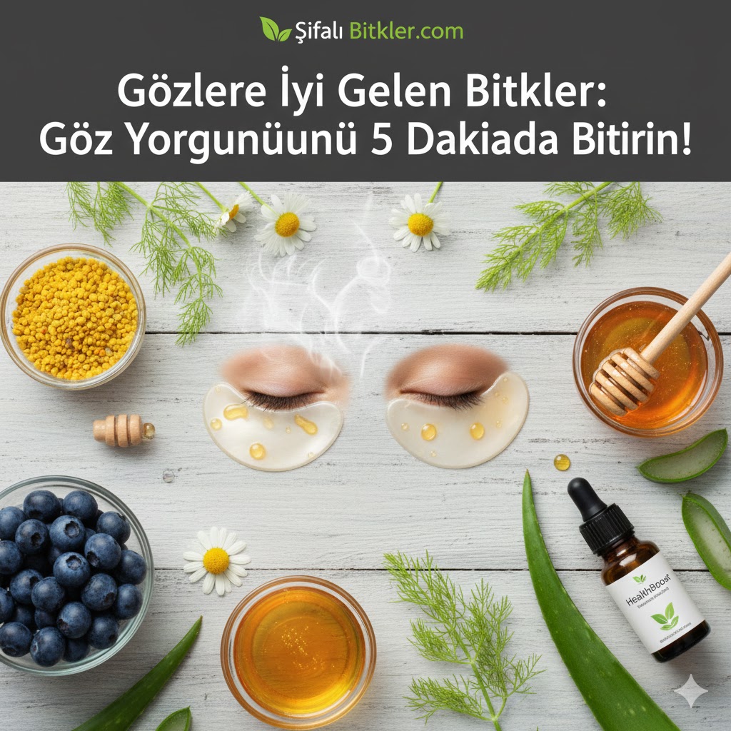 Göz yorgunluğuna gözlere iyi gelen bitkiler: Yaban mersini, papatya çiçekleri, rezene ve taze şifalı bitkilerin ahşap zemin üzerinde estetik dizilimi