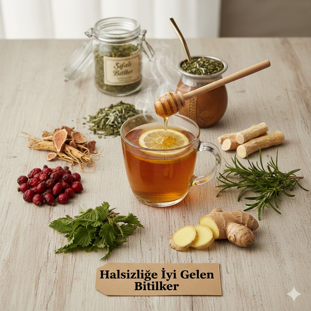 Halsizliğe iyi gelen bitkiler; zencefil, kuşburnu, ısırgan otu ve ginseng ile hazırlanan doğal enerji çayı sunumu