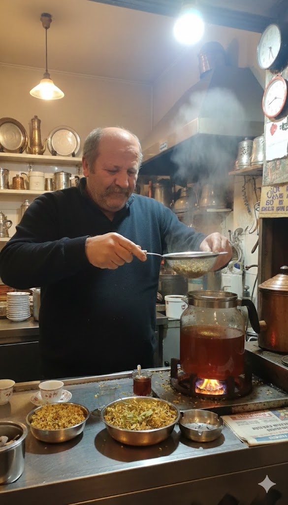 Bakır ocak başında geleneksel yöntemle demlenen ıhlamur çayı ve ıhlamur çayının faydaları.