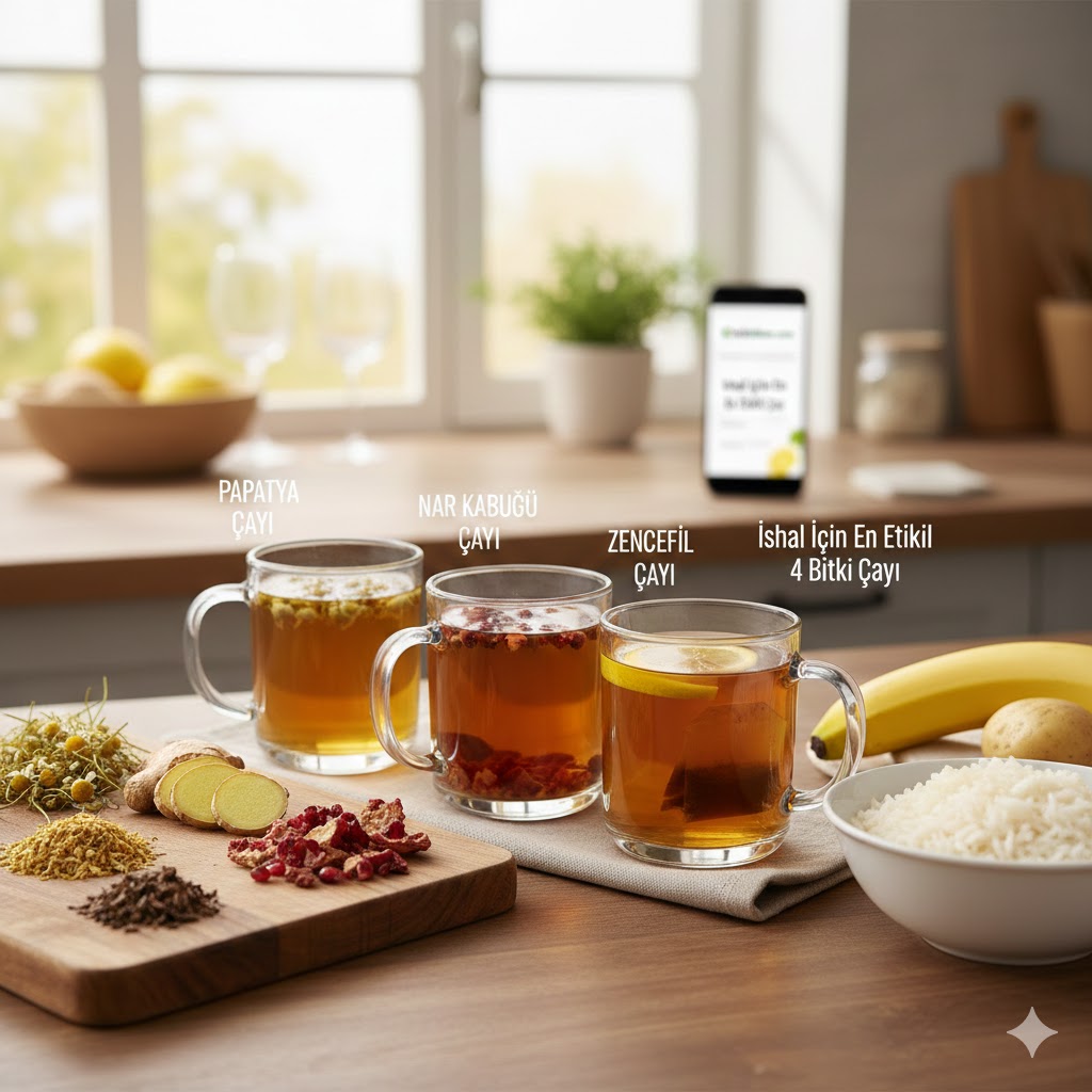 İshal için en etkili 4 bitki çayı olan papatya, nar kabuğu, zencefil ve limonlu çay hazırlanışı.