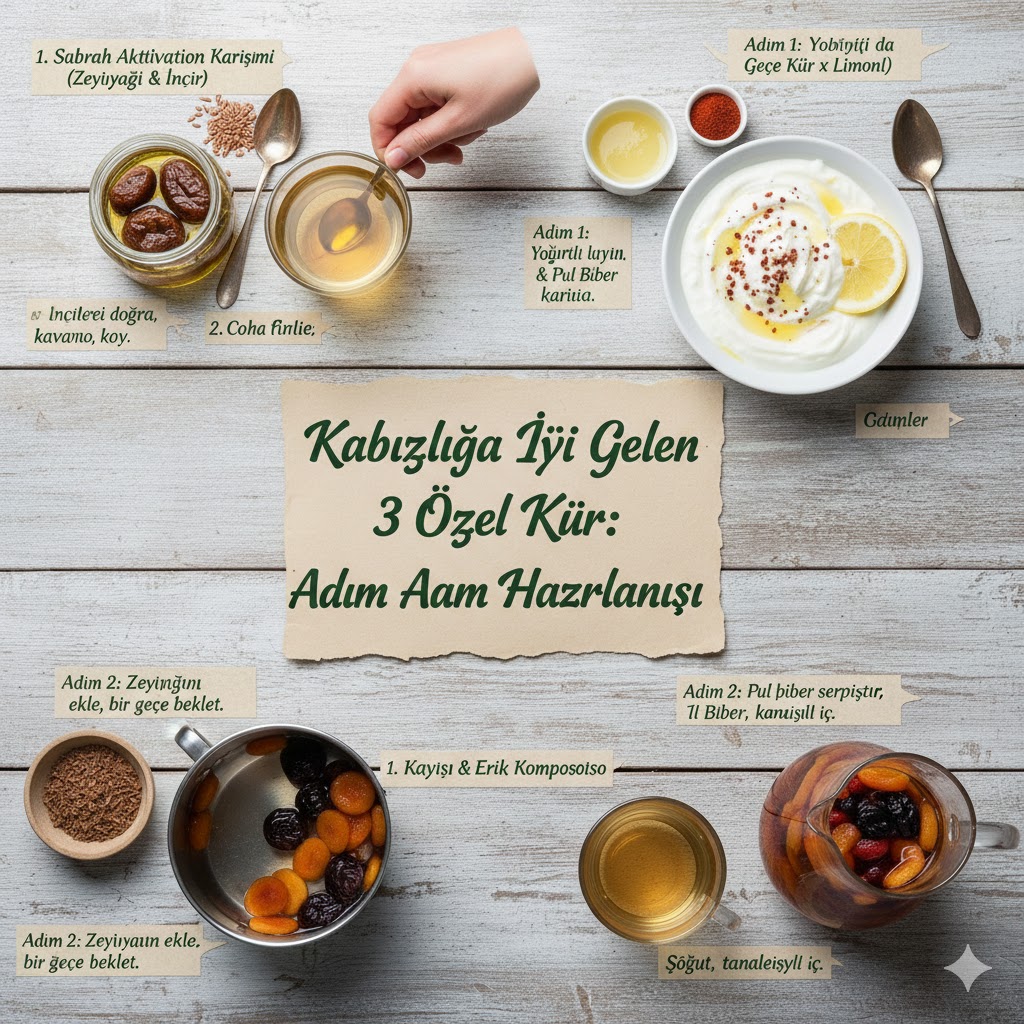 Kabızlığa iyi gelen şifalı bitkiler ve doğal kürlerin bir arada bulunduğu, bağırsak çalıştıran bitki çaylarının hazırlık aşamasını gösteren kapsamlı rehber görseli.