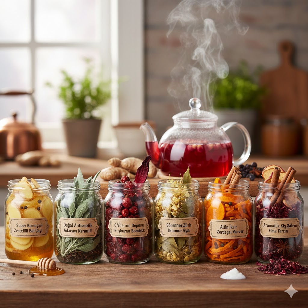 Mutfak tezgahı üzerinde cam kavanozlarda sergilenen, kışın içinizi ısıtacak 7 farklı şifalı bitki çayı karışımı ve zencefil detayları