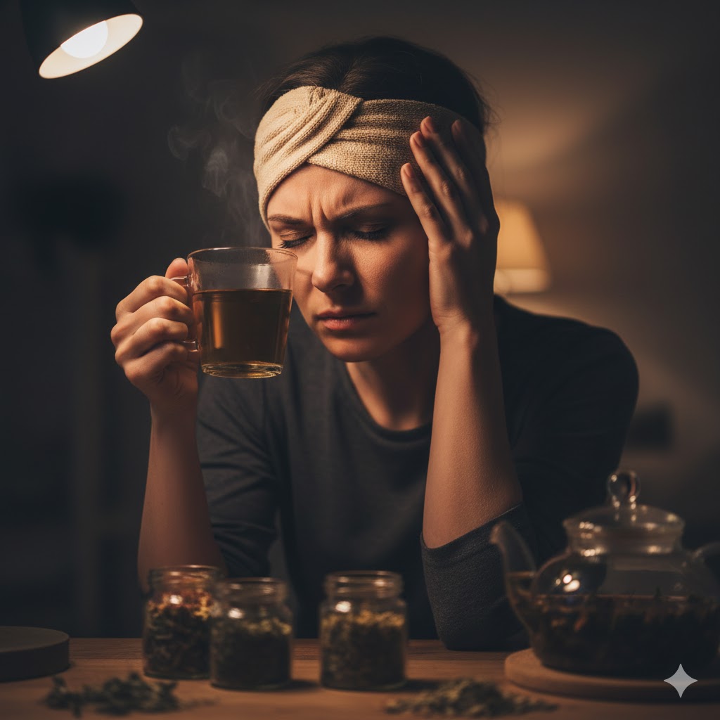 Şiddetli baş ağrısı ve migrene iyi gelen bitkiler dolu bir masada bitki çayı hazırlanışı