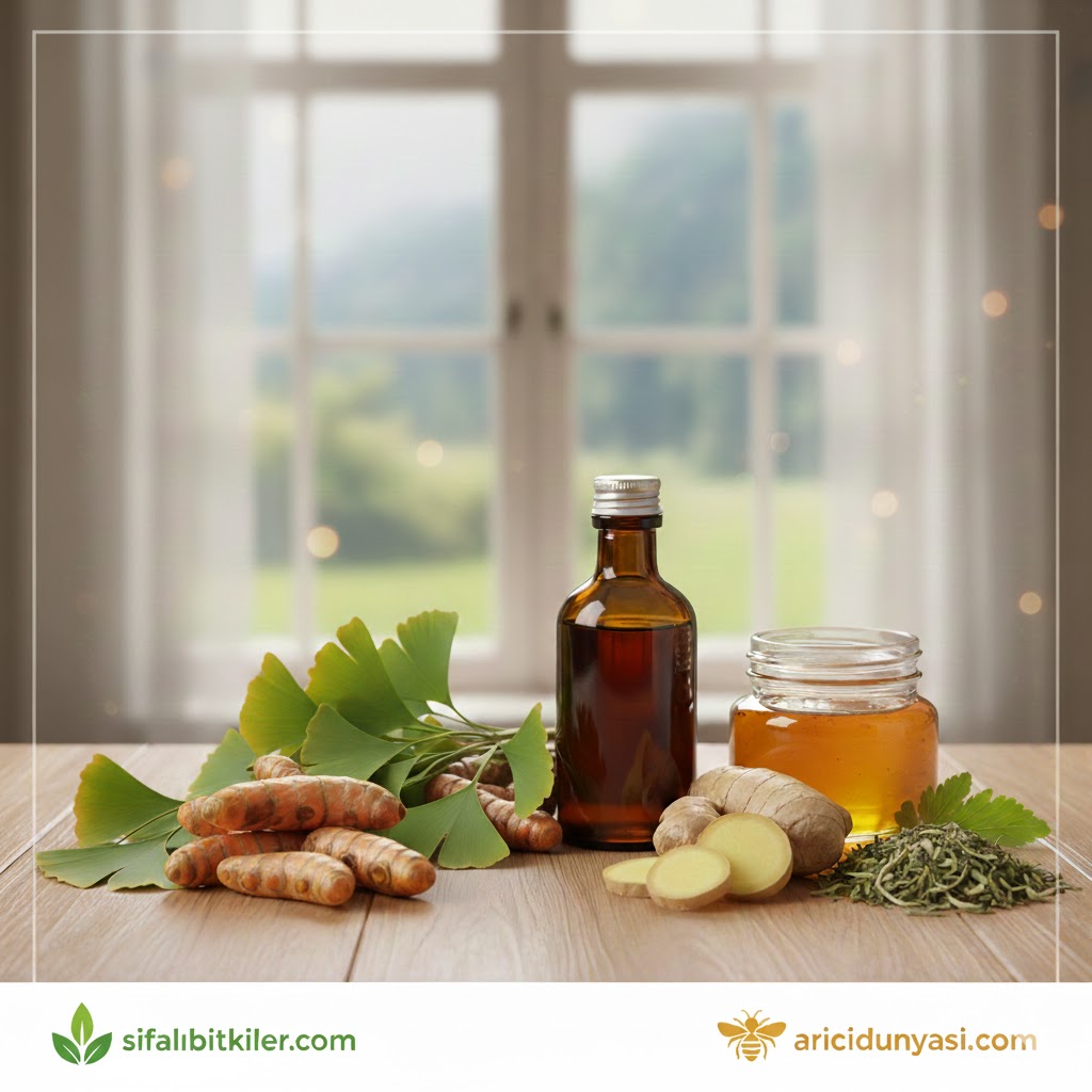 MS ile yaşamda doğal destekler sunan zerdeçal, zencefil, çörek otu yağı ve ham bal gibi şifalı bitkiler bir arada.