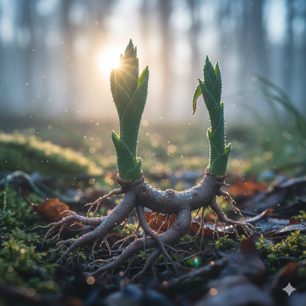 Mührüsüleyman otu neye iyi gelir sorusuna yanıt olan, toprak altındaki mühür izli karakteristik kök ve rizom yapısının anatomik çizimi.