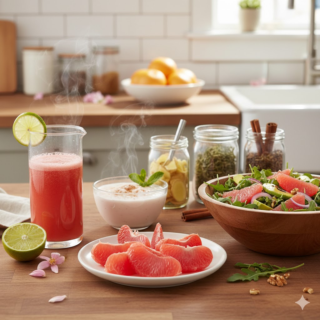 greyfurt zayıflatma etkisi sağlayan yağ yakıcı kürler, taze greyfurt dilimleri ve avokadolu greyfurt salatası.