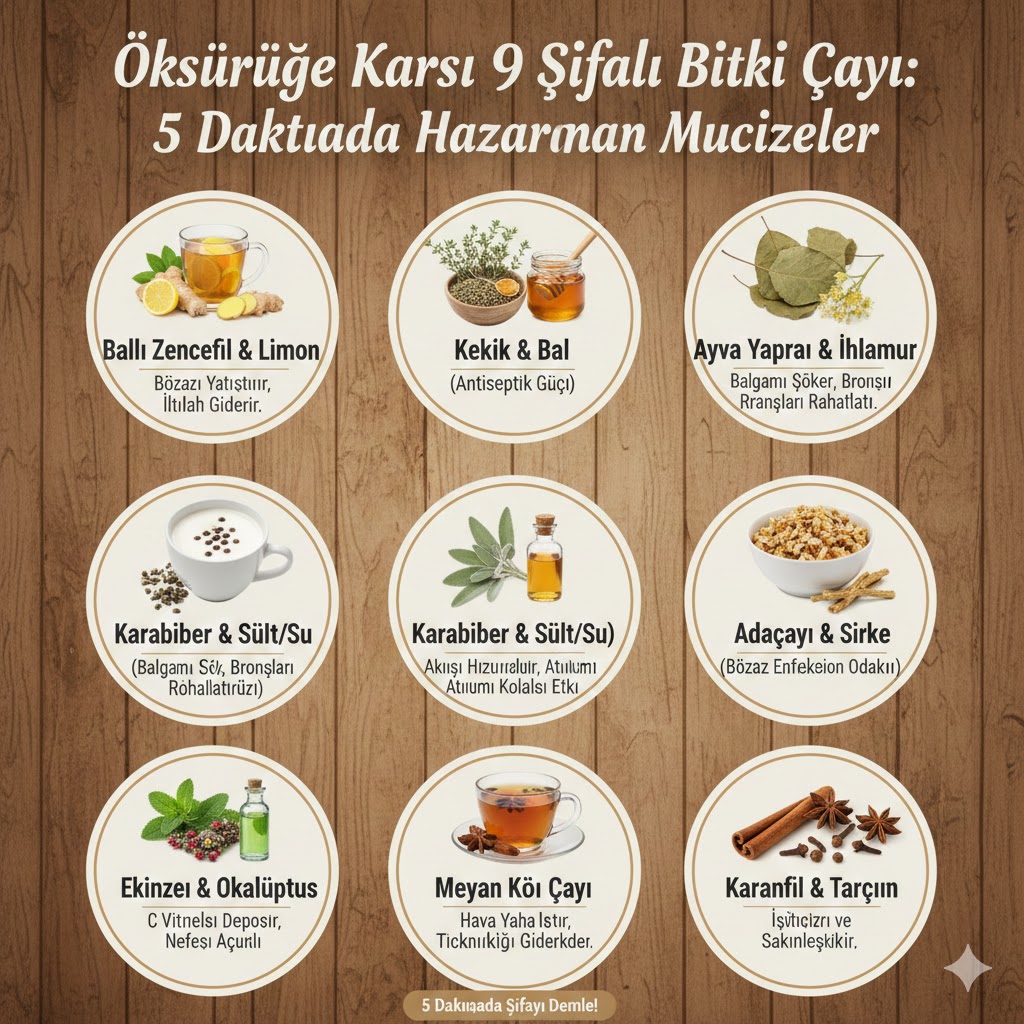 Öksürüğe karşı bitki çayı tariflerini içeren; zencefil, bal, kekik ve ayva yaprağı gibi 9 farklı doğal karışımın listelendiği infografik.