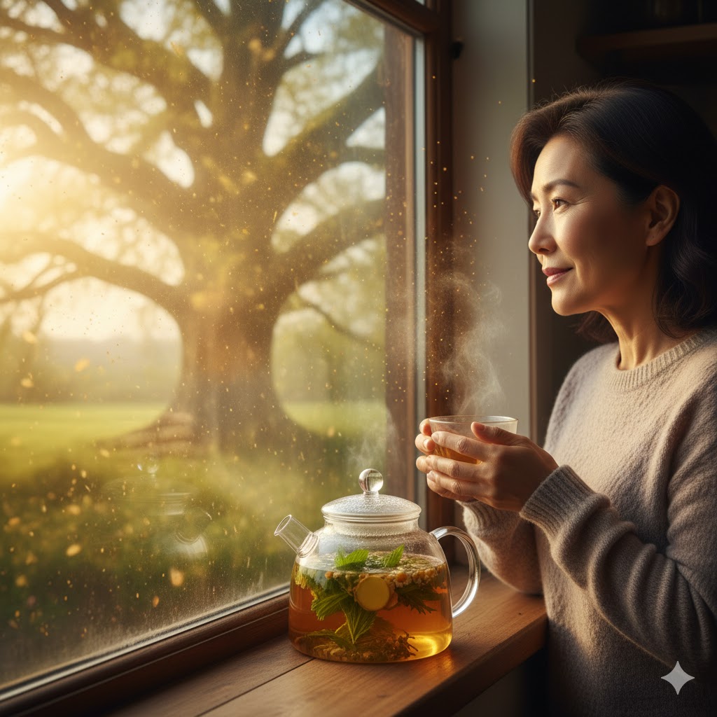 Bahar aylarında ağaçtan savrulan polenlere karşı maske takan ve polen alerjisine iyi gelen bitkiler ile doğal çay hazırlayan kadın