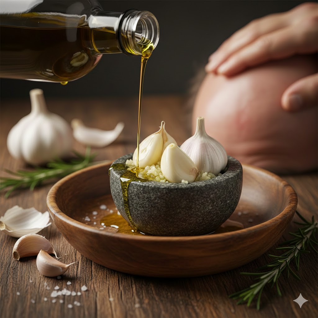 Saçkırana iyi gelen tarifler için evde hazırlanan sarımsak ve zeytinyağı kürü hazırlanışı.