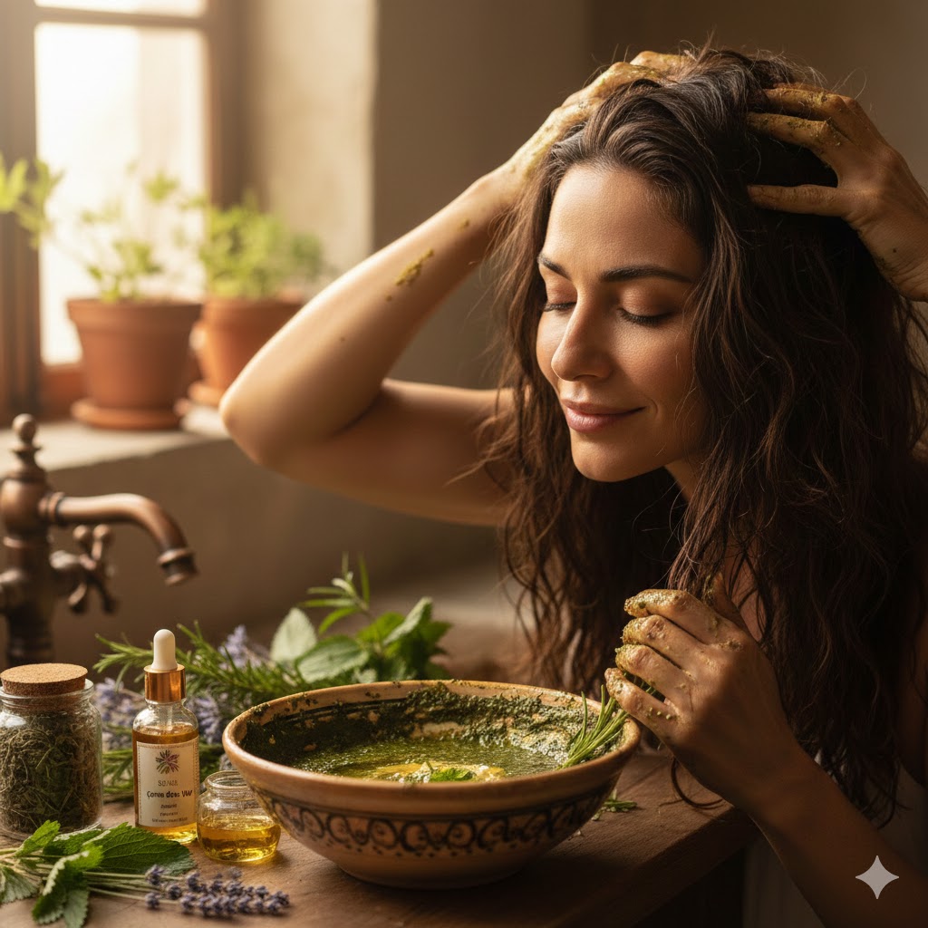 Saçları besleyen bitkisel karışımlar hazırlayan ve saç derisine doğal maske uygulayan mutlu bir kadın