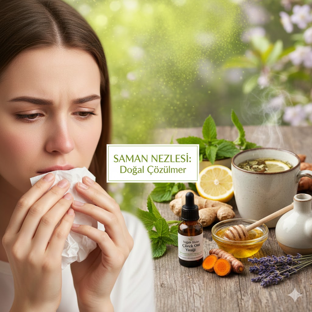 Saman nezlesi için çörek otu yağı, zencefil, bal ve bitki çayları gibi doğal çözüm önerilerini gösteren kolaj görsel.